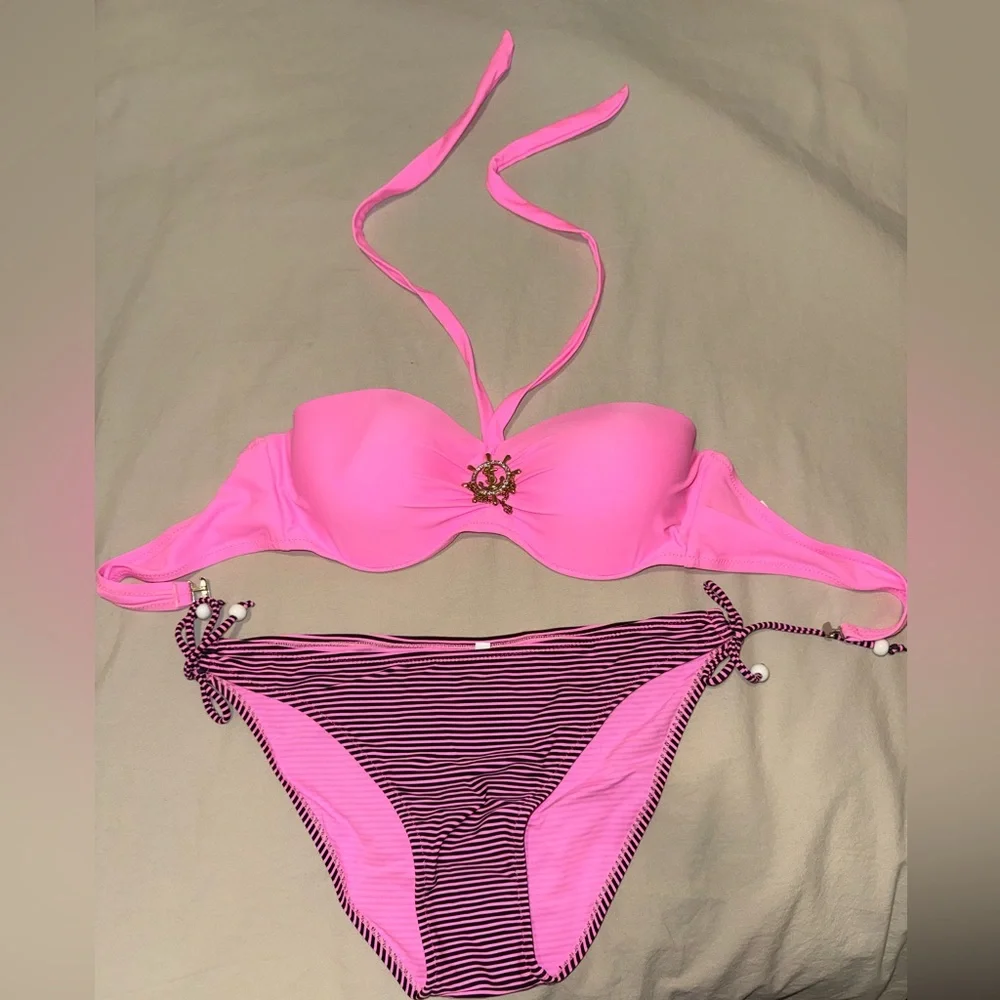 Pink Swimsuit with Striped Bottoms - Picture 1 of 7